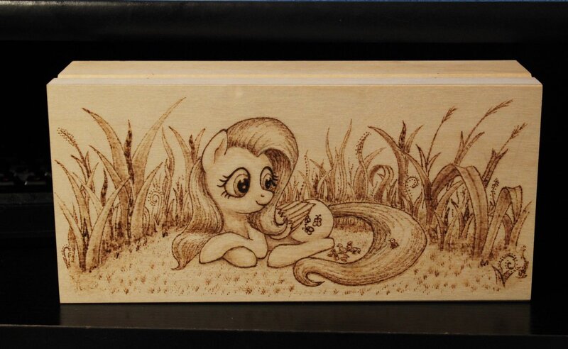 Size: 1280x787 | Tagged: safe, artist:horseez, derpibooru import, fluttershy, box, pyrography, solo, traditional art, woodwork