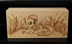 Size: 1280x787 | Tagged: safe, artist:horseez, derpibooru import, fluttershy, box, pyrography, solo, traditional art, woodwork