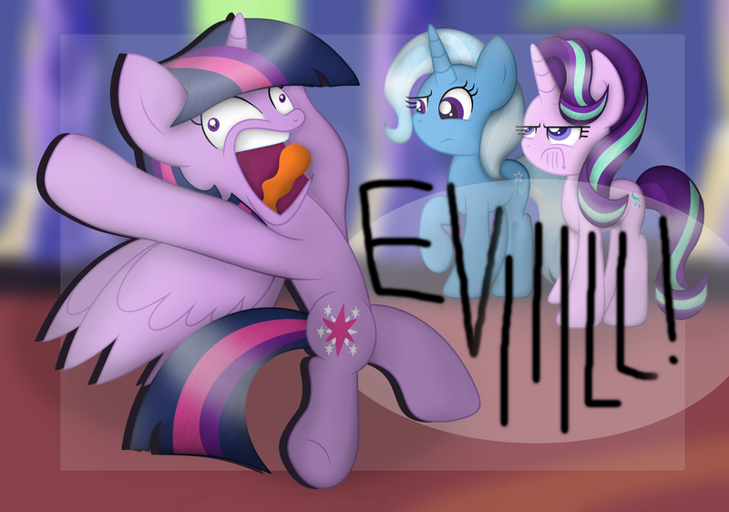 Size: 3691x2592 | Tagged: safe, artist:bubbly-storm, derpibooru import, starlight glimmer, trixie, twilight sparkle, twilight sparkle (alicorn), alicorn, pony, no second prances, :c, counterparts, evil, female, magical trio, mare, mermaidman, reference, spongebob squarepants, twilight's counterparts