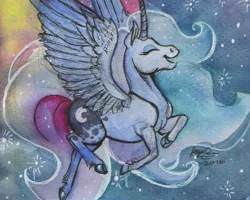 Size: 1024x821 | Tagged: safe, artist:sagastuff94, derpibooru import, princess luna, classical unicorn, cloven hooves, eyes closed, flying, leonine tail, solo, spread wings, traditional art, unshorn fetlocks, watercolor painting