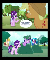 Size: 756x900 | Tagged: safe, derpibooru import, screencap, applejack, starlight glimmer, twilight sparkle, twilight sparkle (alicorn), vinyl scratch, alicorn, pony, no second prances, ableism, discrimination, female, mare, mute, mute vinyl, screencap comic