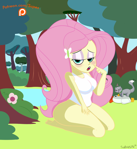 Size: 1847x2007 | Tagged: questionable, artist:superion, derpibooru import, fluttershy, equestria girls, bottomless, clothes, female, female focus, forest, solo focus, thunder thighs