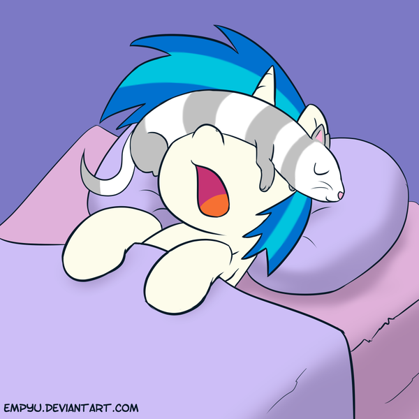 Size: 1000x1000 | Tagged: artist:empyu, derpibooru import, ferret, pet, safe, sleeping, vinyl scratch