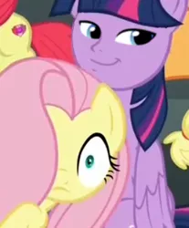 Size: 312x376 | Tagged: safe, derpibooru import, edit, edited screencap, screencap, fluttershy, twilight sparkle, twilight sparkle (alicorn), alicorn, pony, newbie dash, cutie mark, exploitable meme, female, filly, flashface, mare, meme, the cmc's cutie marks