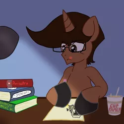 Size: 2600x2600 | Tagged: safe, artist:nerdymexicanunicorn, derpibooru import, oc, oc:nerdy, unofficial characters only, pony, unicorn, book, college, food, glasses, holding, hooves on the table, lamp, lighting, noodles, pencil, ramen, tongue out, writing