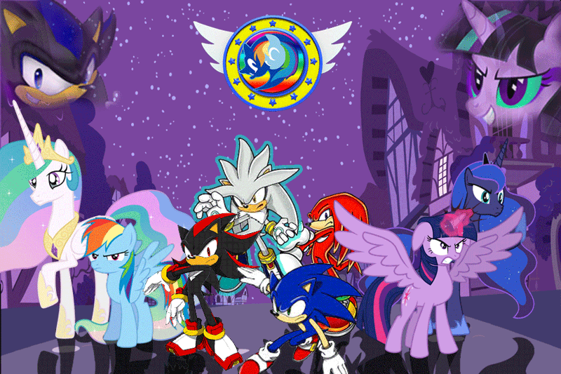 Size: 900x600 | Tagged: safe, artist:trungtranhaitrung, derpibooru import, princess celestia, princess luna, rainbow dash, twilight sparkle, twilight sparkle (alicorn), oc, alicorn, pony, angry, crossover, female, knuckles the echidna, mare, night, non-mlp oc, ponyville, royal sisters, seelkadoom the hedgehog, shadow the hedgehog, silver the hedgehog, sonic brony united league, sonic the hedgehog, sonic the hedgehog (series), twivine sparkle, upset