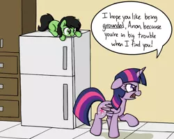 Size: 1000x800 | Tagged: safe, artist:skitter, derpibooru import, twilight sparkle, twilight sparkle (alicorn), oc, oc:anon, oc:anonfilly, alicorn, pony, angry, cabinet, cute, dialogue, drawer, female, grounded, hiding, kitchen, mare, open mouth, refrigerator, speech bubble, yelling