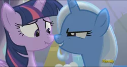 Size: 1280x679 | Tagged: safe, derpibooru import, screencap, trixie, twilight sparkle, twilight sparkle (alicorn), alicorn, pony, no second prances, boop, discovery family logo, female, mare, noseboop, scrunchy face