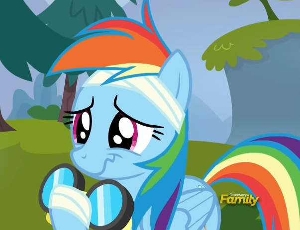 Size: 603x463 | Tagged: safe, derpibooru import, screencap, rainbow dash, pegasus, pony, newbie dash, bandage, cute, dashabetes, discovery family logo, female, goggles, imminent crying, mare, solo, wavy mouth