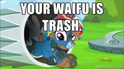 Size: 500x279 | Tagged: derpibooru import, discovery family logo, edit, edited screencap, image macro, meme, newbie dash, nose wrinkle, rainbow dash, rainbow trash, safe, screencap, scrunchy face, trash, wonderbolts uniform, your waifu is trash