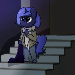 Size: 1050x1050 | Tagged: safe, artist:davierocket, derpibooru import, princess luna, anthro, unguligrade anthro, blanket, clothes, coat, image, png, scarf, slippers, solo, stairs, woona