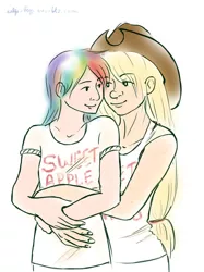 Size: 1399x1870 | Tagged: safe, artist:mlp-fap-art, derpibooru import, applejack, rainbow dash, human, appledash, female, humanized, lesbian, shipping