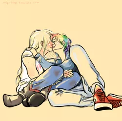 Size: 686x680 | Tagged: safe, artist:mlp-fap-art, derpibooru import, applejack, rainbow dash, human, appledash, female, humanized, kissing, lesbian, shipping