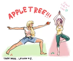 Size: 1020x855 | Tagged: apple, applejack, armpits, artist:mlp-fap-art, derpibooru import, fluttershy, fluttertree, food, human, humanized, safe, yoga