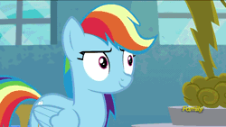 Size: 1280x720 | Tagged: safe, derpibooru import, edit, edited screencap, screencap, rainbow dash, pegasus, pony, newbie dash, animated, cloud, cloudsdale, discovery family logo, female, forthright filly, funny face, gif, gif party, headbob, lighting bolt, mare, solo, trophy, window