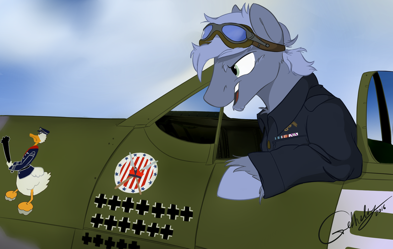 Size: 1024x649 | Tagged: safe, artist:rutkotka, derpibooru import, ponified, earth pony, pony, 303 squadron, donald duck, friends, goggles, jan zumbach, kill mark, military, pilot, plane, poland, soldiers, solo, squadron, supermarine spitfire, team, war, world war ii