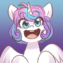 Size: 650x650 | Tagged: safe, artist:its-gloomy, derpibooru import, princess flurry heart, alicorn, pony, bucktooth, cute, female, filly, flurrybetes, flurryheart-babbles, gradient background, looking at you, older, open mouth, smiling, solo, weapons-grade cute