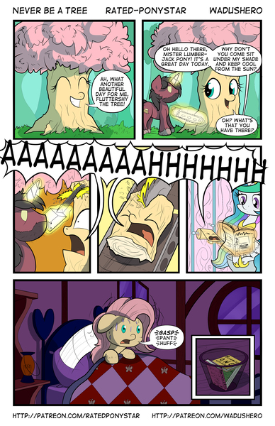 Size: 1280x1978 | Tagged: semi-grimdark, artist:wadusher0, derpibooru import, fluttershy, princess celestia, alicorn, pegasus, pony, unicorn, aaaaaaahhhhh, all just a dream, beard, bed, bedroom, book, but why, catapult nightmare, chainsaw, comic, cutting, d:, dark, dark comedy, dialogue, eyes closed, facial hair, female, floppy ears, fluttertree, frown, grimderp, grin, hoof fluff, levitation, lidded eyes, lumberjack, magic, male, mare, messy mane, newspaper, night, nightmare, open mouth, potty time, reading, reality ensues, screaming, self harm, shrunken pupils, sitting, smiling, smirk, species swap, speech bubble, squee, stallion, sweat, telekinesis, toilet, toilet paper, trash can, unshorn fetlocks, wide eyes