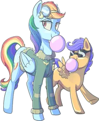 Size: 737x900 | Tagged: artist:crponies, bomber jacket, bubblegum, clothes, dead source, derpibooru import, food, gum, jacket, newbie dash, rainbow crash, rainbow dash, safe, scootaloo, scootalove, simple background, sunglasses, transparent background