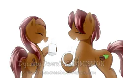 Size: 1024x651 | Tagged: artist:phuocthiencreation, coffee, coffee mug, derpibooru import, oc, oc:dark roast, oc:long black, safe, unofficial characters only, watermark