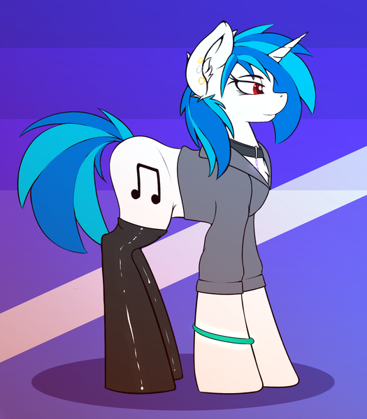 Size: 1769x2023 | Tagged: safe, artist:capseys, derpibooru import, vinyl scratch, clothes, image, latex, latex stockings, png, red eyes, solo, stockings, thigh highs, wrong eye color