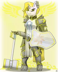 Size: 1600x2000 | Tagged: anthro, armor, artist:mopyr, derpibooru import, fantasy class, hammer, knight, oc, oc:ropessa, paladin, safe, shield, solo, unguligrade anthro, unofficial characters only, war hammer, warrior, weapon