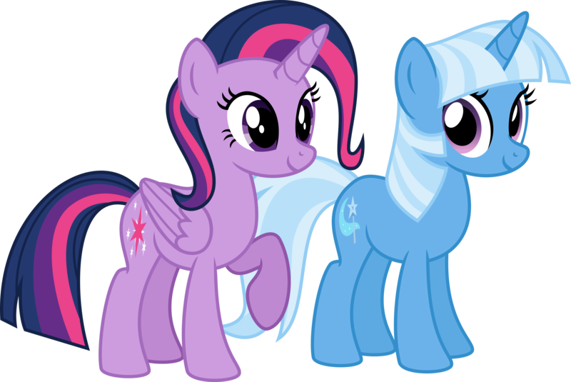 Size: 5714x3822 | Tagged: safe, artist:osipush, derpibooru import, trixie, twilight sparkle, twilight sparkle (alicorn), alicorn, pony, absurd resolution, counterparts, duo, female, mane swap, mare, raised hoof, simple background, transparent background, twilight's counterparts, vector