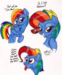 Size: 1264x1527 | Tagged: alternate hairstyle, artist:newyorkx3, behaving like pinkie pie, care mare, derpibooru import, dialogue, dynamic dash, newbie dash, rainbow dash, rainbow fash, safe, simple background, solo, traditional art, white background