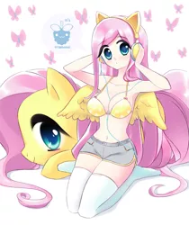 Size: 713x850 | Tagged: adorasexy, armpits, artist:framboosi, belly button, bikini top, breasts, busty fluttershy, cleavage, clothes, cute, derpibooru import, female, fluttershy, headphones, human, humanized, human ponidox, jeans, pants, sexy, shorts, socks, solo, suggestive