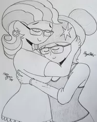 Size: 2571x3237 | Tagged: safe, artist:missmayaleanne, derpibooru import, sci-twi, twilight sparkle, twilight velvet, equestria girls, glasses, grayscale, hug, monochrome, mother and daughter, mother's day, traditional art