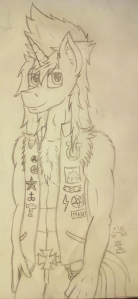 Size: 737x1594 | Tagged: safe, artist:mane-shaker, derpibooru import, oc, oc:mane shaker, unofficial characters only, anthro, unicorn, abs, chest fluff, clothes, monochrome, solo, traditional art, vest