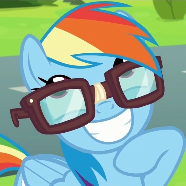 Size: 718x718 | Tagged: avatar, broken glasses, derpibooru import, egghead, glasses, newbie dash, rainbow dash, reading rainboom, safe, screencap, smiling, solo