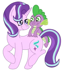 Size: 1500x1692 | Tagged: safe, artist:squipycheetah, derpibooru import, spike, starlight glimmer, dragon, pony, unicorn, the crystalling, alternate hairstyle, cute, female, glimmerbetes, happy, looking back, male, mare, new hairstyle, raised hoof, raised leg, shipping, simple background, smiling, sparlight, straight, transparent background, vector, walking