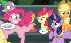 Size: 800x490 | Tagged: safe, derpibooru import, edit, edited screencap, screencap, apple bloom, applejack, fluttershy, pinkie pie, scootaloo, spike, twilight sparkle, twilight sparkle (alicorn), alicorn, pony, newbie dash, cropped, cutie mark, dialogue, discovery family logo, female, filly, imminent fart, mare, scared, speech bubble, the cmc's cutie marks