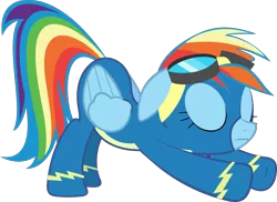 Size: 2500x1821 | Tagged: safe, artist:bluetech, derpibooru import, rainbow dash, pegasus, pony, newbie dash, cobra stretch, crouching, eyes closed, female, goggles, inkscape, iwtcird, mare, meme, simple background, solo, stretching, transparent background, vector, wonderbolts