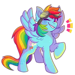 Size: 1024x1024 | Tagged: safe, artist:fawnshy, derpibooru import, rainbow dash, pegasus, pony, fluffy, goggles, looking at you, looking down, one eye closed, raised hoof, simple background, smiling, solo, spread wings, transparent background, wings, wink