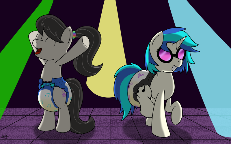 Size: 1600x1000 | Tagged: artist:spritepony, cute, cutie mark diapers, derpibooru import, diaper, diaper fetish, octavia melody, partying, pissing, poofy diaper, questionable, rave, rave diaper, strobe lights, tavibetes, urine, vinylbetes, vinyl scratch, watersports, wet diaper, wetting