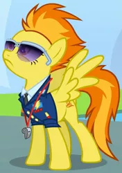 Size: 585x830 | Tagged: safe, derpibooru import, screencap, spitfire, pegasus, pony, wonderbolts academy, cropped, female, mare, necktie, solo, spread wings, sunglasses, whistle, wings, wonderbolts dress uniform