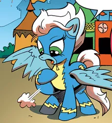 Size: 344x377 | Tagged: cropped, derpibooru import, fleetfoot, idw, looking down, open mouth, safe, solo, spoiler:comic, spread wings, wonderbolts uniform