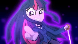 Size: 1400x800 | Tagged: safe, artist:geraritydevillefort, derpibooru import, twilight sparkle, equestria girls, crossover, cute, cute little fangs, evil grin, fangs, glow, grin, monsparkle, mystic arte, rapier, smiling, smirk, solo, sword, the count of monte cristo, weapon