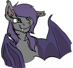 Size: 400x372 | Tagged: artist needed, source needed, safe, derpibooru import, oc, oc:shayne, unofficial characters only, bat pony, pony, chest fluff, cute, fangs, female, green eyes, simple background, smiling, solo, white background, wings