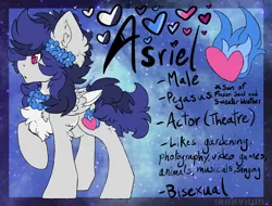 Size: 2406x1825 | Tagged: safe, artist:iroxykun, derpibooru import, oc, oc:asriel, unofficial characters only, pegasus, pony, cutie mark, flower, male, reference sheet, solo, stallion, text, wings