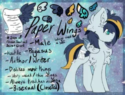 Size: 2406x1825 | Tagged: safe, artist:iroxykun, derpibooru import, oc, oc:paper wings, unofficial characters only, pegasus, pony, cutie mark, male, reference sheet, solo, stallion, text, wings