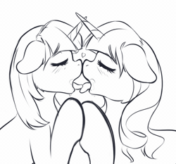 Size: 800x745 | Tagged: suggestive, artist:sugarlesspaints, derpibooru import, twilight sparkle, twilight velvet, pony, unicorn, animated, eyes closed, female, french kiss, grayscale, heart, incest, kissing, lesbian, mare, monochrome, mother and daughter, shipping, sketch, sloppy kissing, tongue out, velvet sparkle