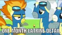 Size: 1000x564 | Tagged: safe, derpibooru import, edit, edited screencap, screencap, silver lining, silver zoom, spitfire, wind waker (character), pegasus, pony, newbie dash, caption, female, image macro, male, mare, meme, spitfire is not amused, stallion, text, watermark, wonderbolts uniform