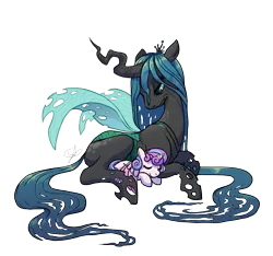 Size: 1650x1542 | Tagged: safe, artist:overlordneon, derpibooru import, princess flurry heart, queen chrysalis, alicorn, changeling, changeling queen, pony, auntie chrissy, cute, cutealis, duo, duo female, eyes closed, female, filly, flurrybetes, foal, horn, mommy chrissy, mother's day, signature, simple background, sleeping, white background, wings