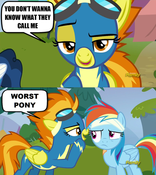 Size: 1279x1436 | Tagged: safe, derpibooru import, edit, edited screencap, screencap, rainbow dash, spitfire, pegasus, pony, newbie dash, bedroom eyes, discovery family logo, exploitable meme, female, mare, meme, spitfire's nickname, wonderbolts uniform, worst pony