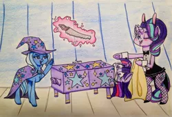 Size: 2375x1629 | Tagged: safe, artist:ameliacostanza, derpibooru import, starlight glimmer, trixie, twilight sparkle, twilight sparkle (alicorn), alicorn, pony, bipedal, box, box sawing trick, bunny suit, cloth gag, clothes, counterparts, female, fishnets, gag, image, jpeg, magic show, magic trick, magical trio, mare, playboy bunny, playboy bunny starlight glimmer, saw, shipping, startrix, teary eyes, traditional art, twilight's counterparts, underhoof