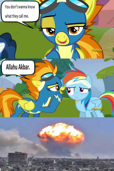 Size: 3000x4500 | Tagged: safe, derpibooru import, edit, edited screencap, screencap, rainbow dash, spitfire, pegasus, pony, newbie dash, allahu akbar, bedroom eyes, discovery family logo, exploitable meme, explosion, female, joke, mare, meme, spitfire's nickname, suicide bomber, wonderbolts uniform