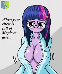 Size: 1000x1200 | Tagged: suggestive, artist:neutralchilean, derpibooru import, sci-twi, twilight sparkle, equestria girls, absolute cleavage, big breasts, blushing, breasts, busty twilight sparkle, cleavage, clothes, female, huge breasts, loose hair, open clothes, open shirt, solo, solo female
